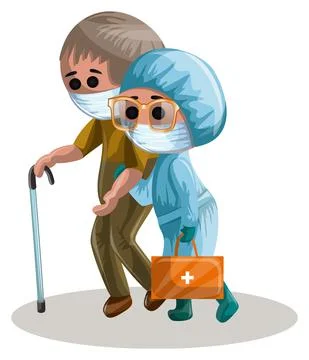 Vector image of a middle-aged man with a stick and a female medic in uniform Stock Illustration