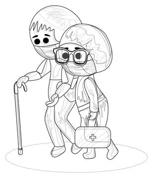 Vector image of a middle-aged man with a stick and a female medic in uniform Stock Illustration