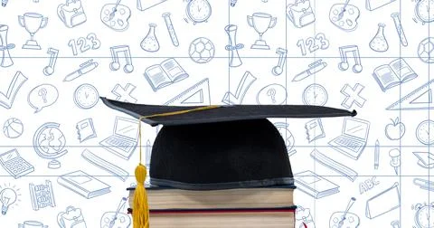 Vector image of mortarboard over school supplies icons in background with copy Stock Photos