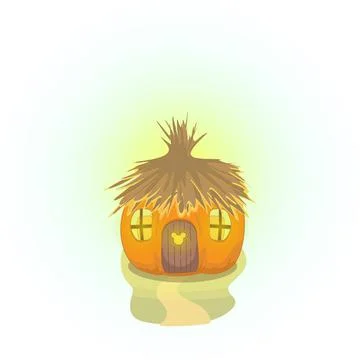 Vector image of a mouse house in the form of a pumpkin with a thatched roof a Stock Illustration