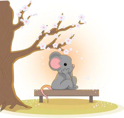 Vector image of a mouse sitting under a flowering tree on a bench Stockillustratie