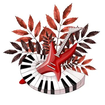 Vector image of musical instruments in composition with autumn foliage. Conce Stock Illustration