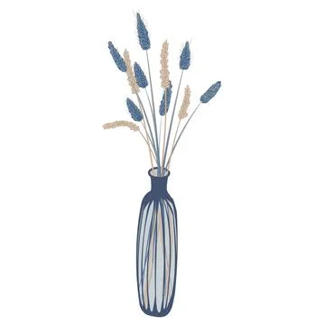 Vector image of a narrow vase with dried flowers in blue and beige tones 스톡 일러스트
