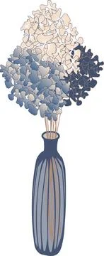 Vector image of a narrow vase with hydrangea in blue and beige tones Stock Illustration