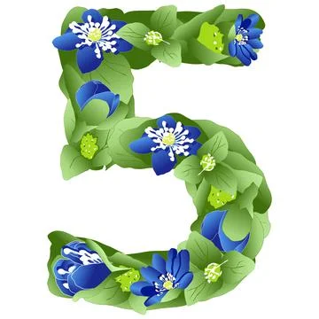 Vector image of the number 5 in the form of flowers and leaves of liverwort Stock Illustration