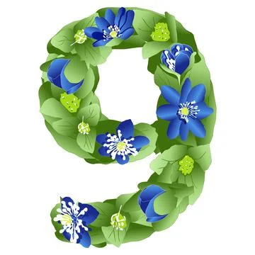 Vector image of the number 9 in the form of flowers and leaves of liverwort Stock Illustration