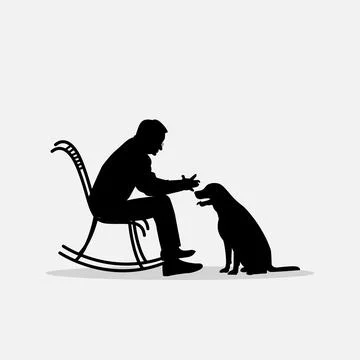Vector image of Old man sitting in rocking chair with pet dog. Stock Illustration
