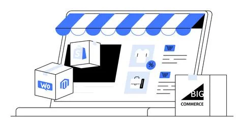 Vector image of an online storefront with icons for WoCommerce, Magento, Shop Stock Illustration