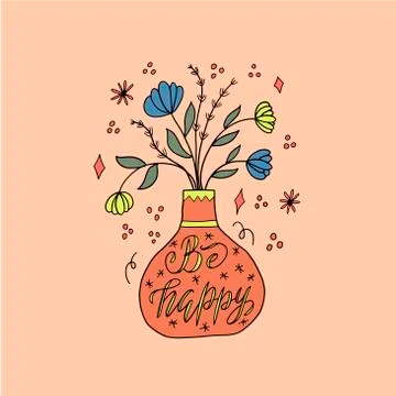 Vector image of an orange vase with flowers on a pink background with Illustrazione stock