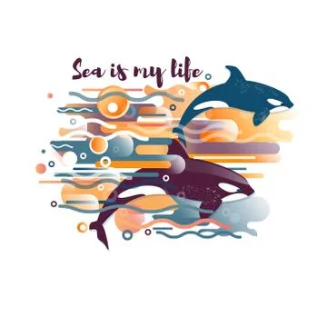 Vector image of orca, killer whale and sea fauna. A vivid abstraction of pattern Stock Illustration