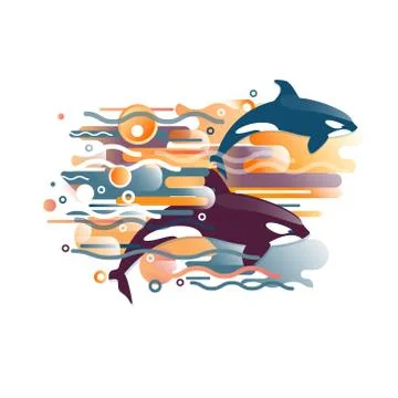 Vector image of orca, killer whale and sea fauna. A vivid abstraction of pattern Stock Illustration