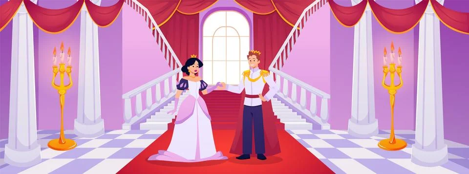 Vector image of a palace interior with a large ballroom, a prince and a princ Ilustración de archivo