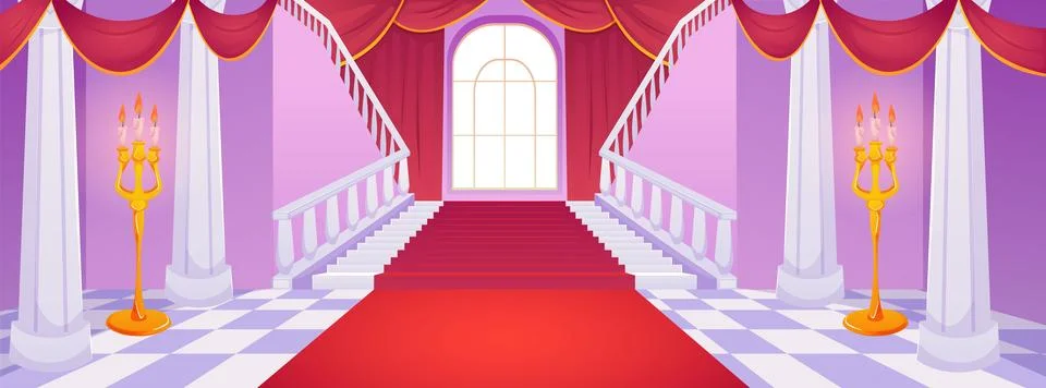 A vector image of the palace interior with a large ballroom, a red carpet and Ilustración de archivo