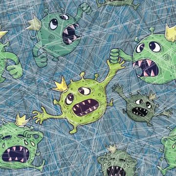 Vector image of panicky cartoon coronovirus bacteria in crowns on a motley green Stock Illustration