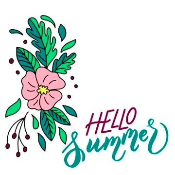Vector image of a pink flower and inscription - hello summer - on a white Stock Illustration