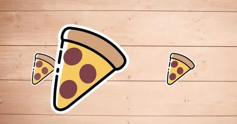 Vector image of pizza icons over beige wooden table Stock Illustration
