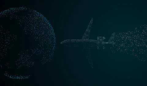 Vector image of the plane on the background of the planet Earth in a grid fra Stock Illustration