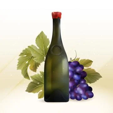 Vector image of realistic wine bottle and grapes Stock Illustration