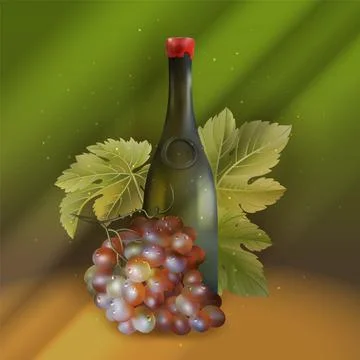 Vector image of realistic wine bottle and grapes Stock Illustration
