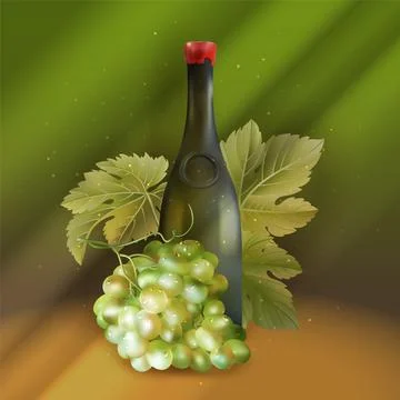 Vector image of realistic wine bottle and grapes Stock Illustration