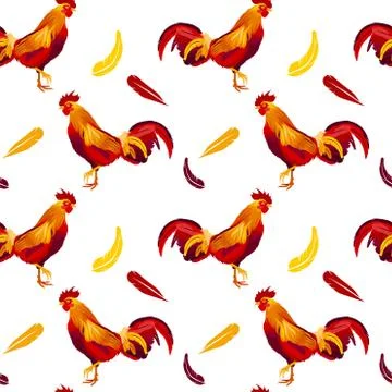 Vector image of red rooster seamless pattern 스톡 일러스트