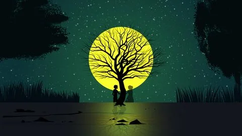 Vector image of romantic couple in the moonlight night. Ilustração Stock