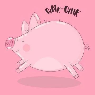 Vector image of a running pig on a pink background with the words Oink. Illus Stock Illustration