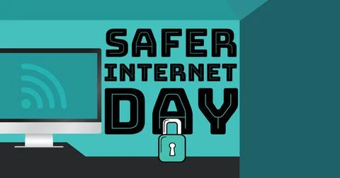 Vector image of safer internet day text with desktop computer and padlock on イラスト素材