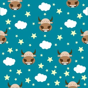 Vector image seamless pattern bull with many clouds and stars 스톡 일러스트