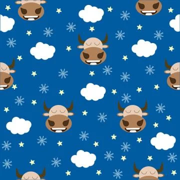 Vector image seamless pattern bull with many clouds,stars and snowflake 库存插图