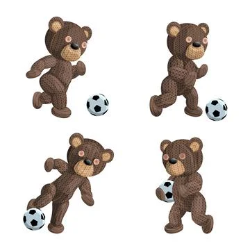 Vector image of a set of four knitted bears in various positions with a socce Stock Illustration