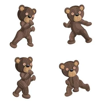 Vector image of a set of four knitted bears in various positions. Isolated on Stock Illustration