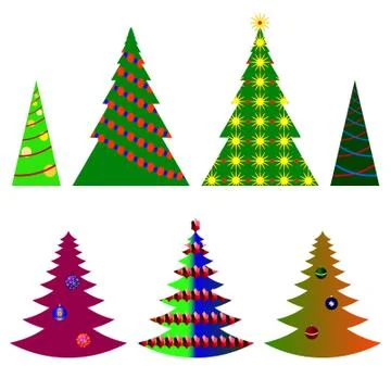Vector image seven Christmas trees with beautiful balls and decorations on a Stock Illustration