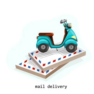 Vector image of several stacks of envelopes and a scooter standing on them wi Stock Illustration