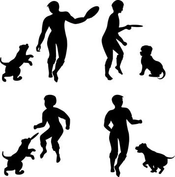 Vector image of silhouettes of playing puppies with his master. Preparing a d Stock Illustration