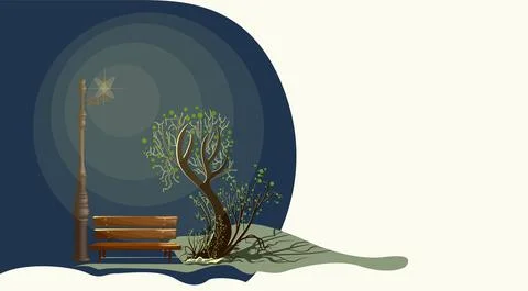 Vector image of a single tree under the illumination of a lantern in the autu Stock Illustration