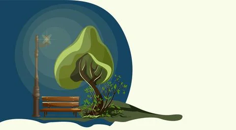 Vector image of a single tree under the illumination of a lantern in the autu Stock Illustration