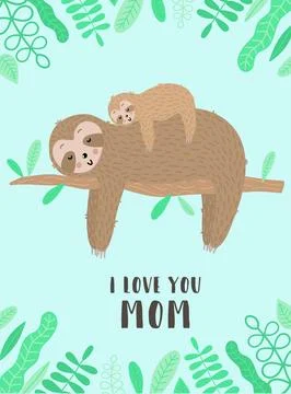 Vector image of a sleppy sloth with baby on the branch in the leaves frame. H Stock Illustration