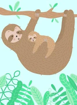 Vector image of a sleppy sloth with baby on the branch. Hand-drawn cartoon il Stock Illustration