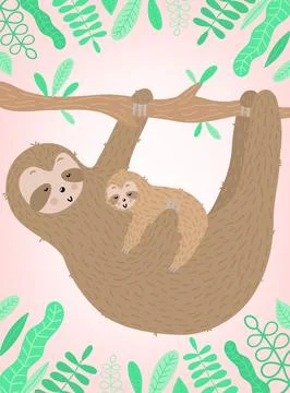 Vector image of a sleppy sloth with baby on the branch in the leaves frame. H Stock Illustration