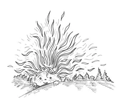 Vector image of a smiling sun over the horizon among houses and trees. Stock Illustration