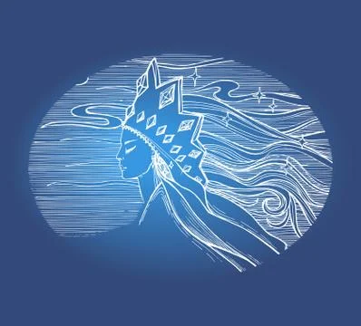 Vector image of a snow queen on a blue background in a round frame. Stock Illustration