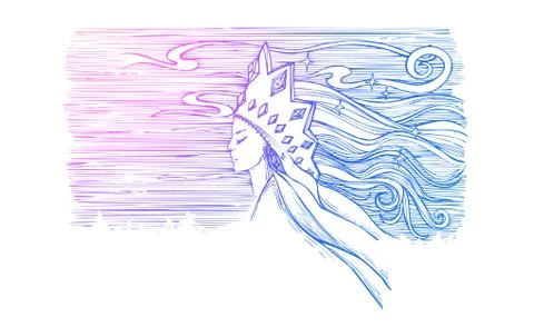 Vector image of a snow queen drawn in lines in pink-blue tones on a white Stock Illustration