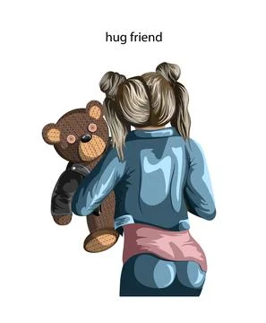 Vector image of a soft toy bear held by a young girl with her back to the vie Stock Illustration