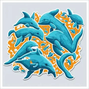 Vector, Image of sticker, cartoon cute Dolphins Stock Illustration