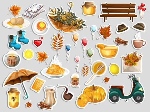 Vector image of stickers with elements symbolizing the fall and food related Stockillustratie