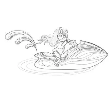 Vector image of a stylized little man rolling on a jet ski. Red-haired girl i Stock Illustration