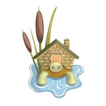 Vector image of a stylized turtle with a hut in the pond instead of a shell Stock Illustration