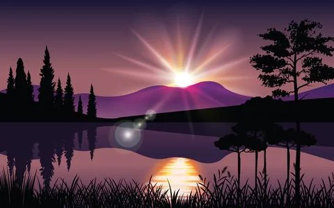 Vector image of Sunrise over mountain Ilustração Stock