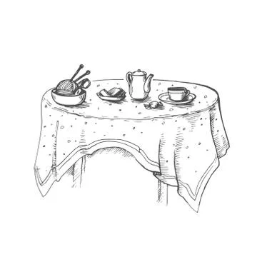 Vector image of a table with a tablecloth and teapots standing on it, a cup, a Stock Illustration